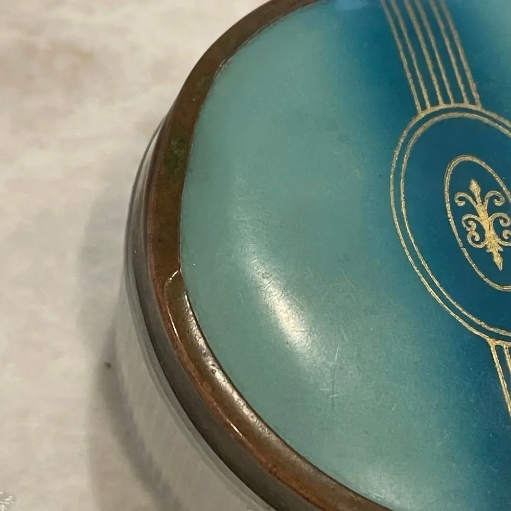 Vintage 50’s Powder jar teal lid brass trim